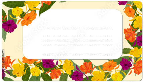 Postcard with a bright floral pattern. Botanical ornament with Mirabilis flowers of yellow and lilac color with green leaves. Copy space.
