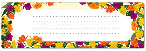 Greeting card, invitation with botanical ornament. The pattern of flowers Mirabilis yellow and purple with green leaves. Copy space.