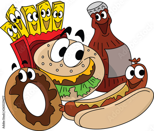 Cartoon fast food character designs, cheeseburger, french fries, donut and cola vector illustration