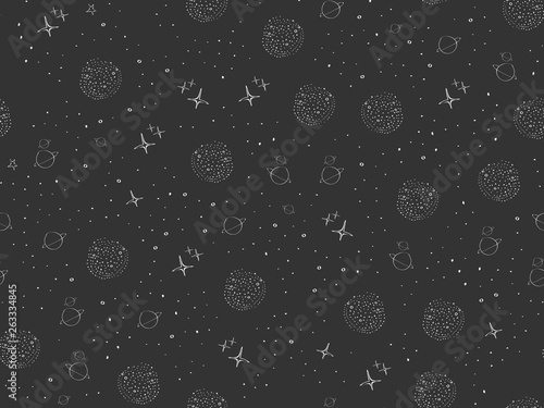 Cosmos, space, planets, stars seamless pattern. Space, univrse black and white dark sketch. Night sky, Galaxies cute baby doodle. Childish background. Hand drown design for kids Vector illustration