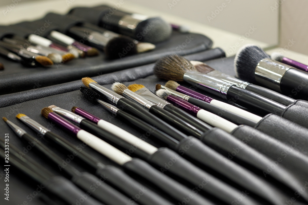 Set of cosmetic brushes in a black leather case Set of cosmetic brushes in a black leather case