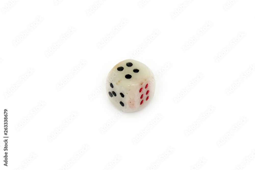 Dice with numbers four five six isolated on white background. Game cube made of natural stone. Ivory color with dots. Numbers four and five is black. Number six is red. Dice with numbers four five six isolated on white background. Game cube made of natural stone. Ivory color with dots. Numbers four and five is black. Number six is red.