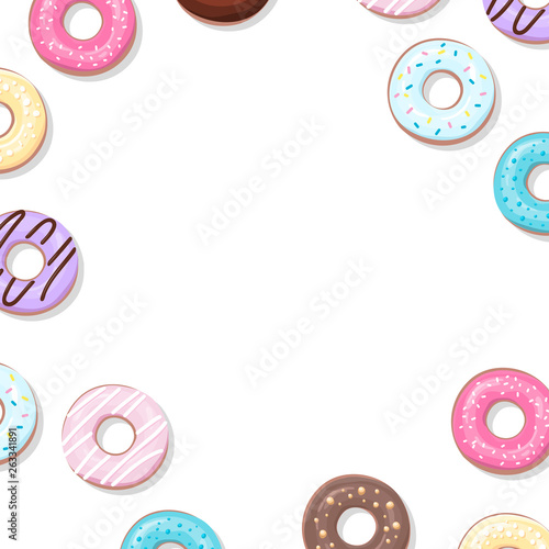 Donuts vector frame. Colorful square illustration for print or web design. 