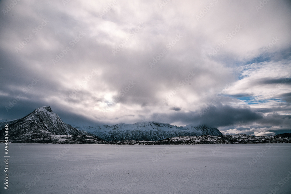 Austvagoya in Winter on Lofoten Archipelago in the Arctic Circle in Norway