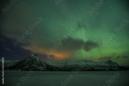 Northern Lights in Austvagoya in Winter on Lofoten Archipelago in the Arctic Circle in Norway