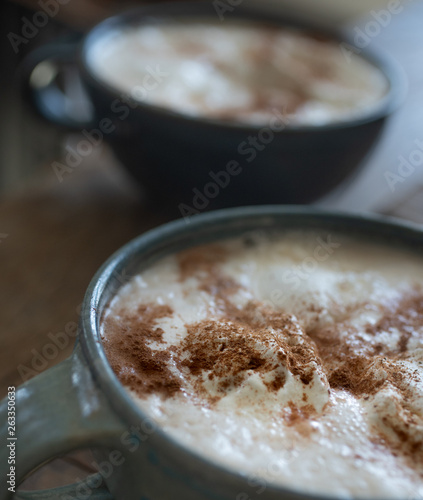 two big mugs of a hot foamy drink covered in whip cream and cinnamon