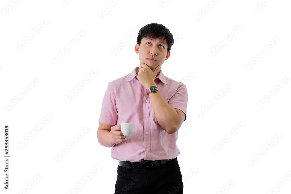 Asian young businessman has standing and planning for business goal with a cup of coffee on isolated on wihte background. Asian young businessman has standing and planning for business goal with a cup of coffee on isolated on wihte background.