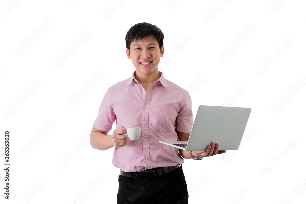 Asian young businessman has standing and working with a cup of coffee on isolated on wihte background. Asian young businessman has standing and working with a cup of coffee on isolated on wihte background.