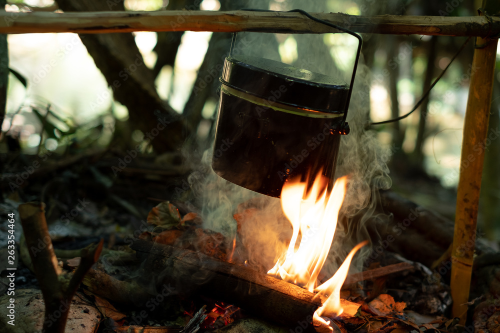 preparing food on campfire, cooking in forest. subject is blurred and low key.