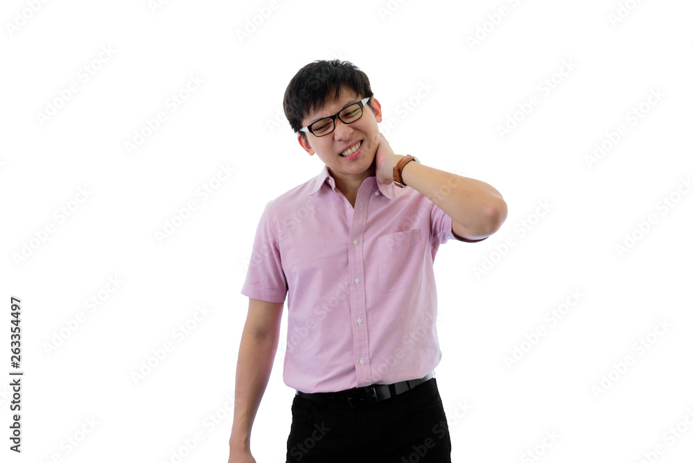 Asian young businessman has standing with neck ache on isolated on wihte background. Asian young businessman has standing with neck ache on isolated on wihte background.
