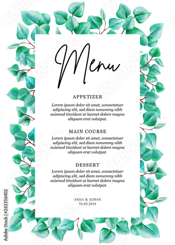 modern greenery eucalyptus leaf menu card.