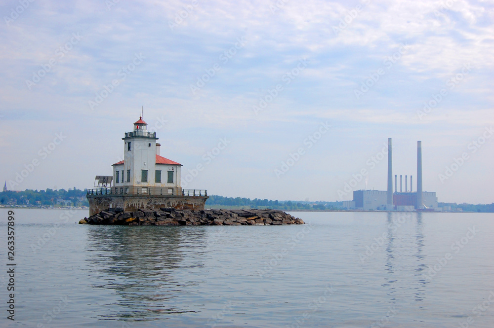 Oswego Harbor West Pierhead Lighthouse at Lake Ontario, Oswego, New York State, USA.