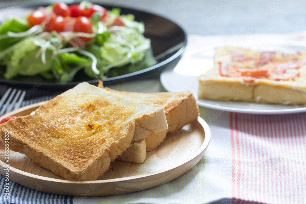 Breakfast, toast and vegetable salad with fruit
