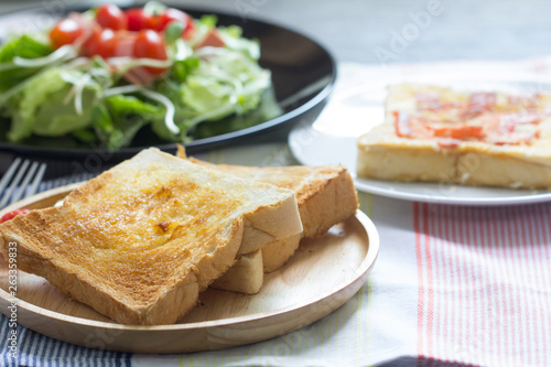 Breakfast, toast and vegetable salad with fruit