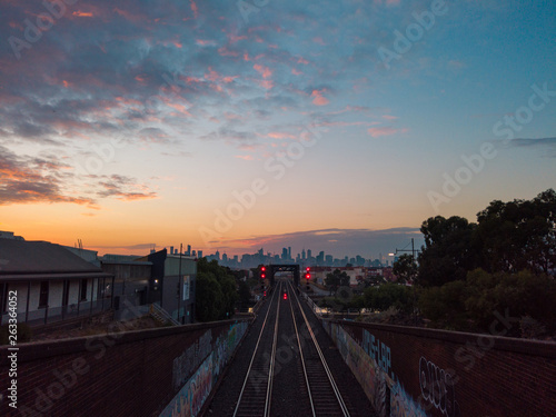 Railroad view towards Melbourne CBD skyline.