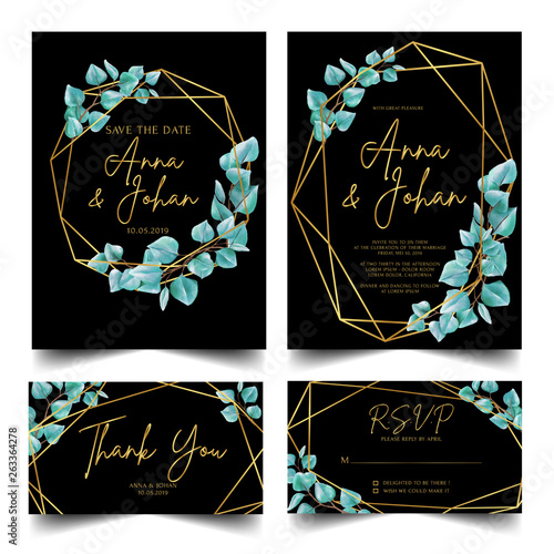 set of wedding invitation modern greenery eucalyptus leaf.