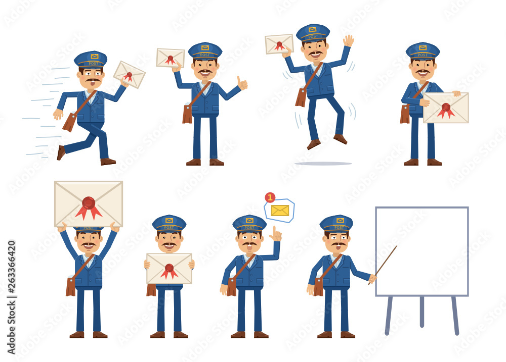 Set of postman characters posing in different situations. Cheerful mailman running, jumping, pointing up, holding letter, mail, email, pointing to whiteboard. Flat style vector illustration