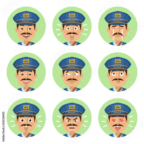 Set of postman emoticons. Mailman avatars showing different emotions. Happy, smile, sad, cry, angry, love, surprised, upset, laugh and other facial expressions. Flat style vector illustration