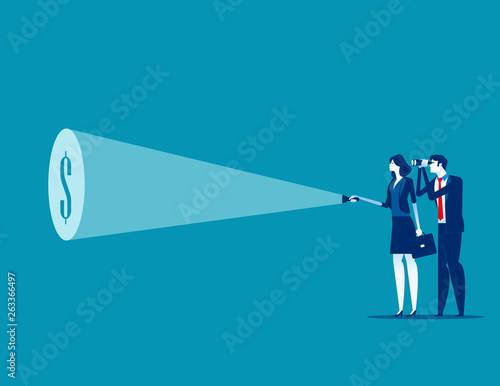 Businessman team with flashlight and searching dollar sign. Concept business vector illustration, Currency, Financial, Successful.