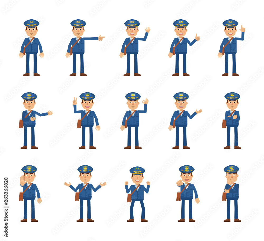 Big set of postman characters showing different hand gestures. Cheerful mailman showing thumb up, this way, pointing, waving, greeting, stop, okay and other hand gestures. Flat vector illustration