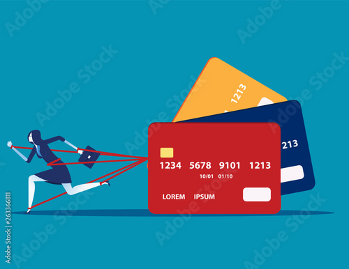 Business woman and committed debt with credit card. Concept business vector illustration, Investor, Risk.