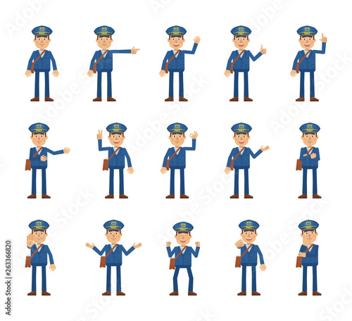 Big set of postman characters showing different hand gestures. Cheerful mailman showing thumb up, this way, pointing, waving, greeting, stop, okay and other hand gestures. Flat vector illustration