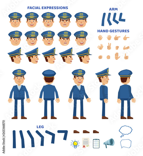 Postman character creation set. Various gestures, emotions, diverse poses, views. Create your own pose, animation. Flat style vector illustration