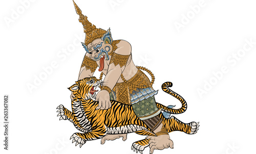 Tiger fighting with giant in Thai traditional painting vector
