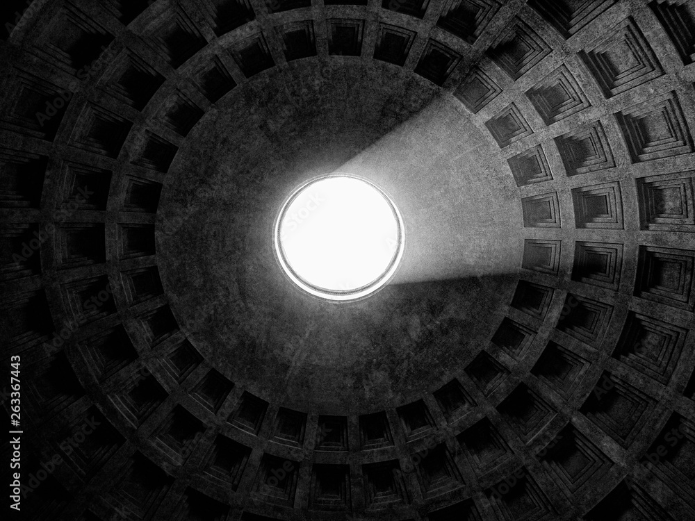 Pantheon in Rome looking up into the opening in the ceiling with a ray of light coming in