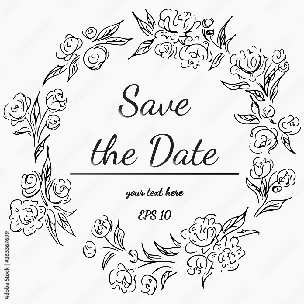 Wreath of Flowers on Gray Background. Floral Frame Design Elements For Invitations, Greeting Cards, Posters, Blogs. Hand drawn vector illustration. Save the date. Wreath of Flowers on Gray Background. Floral Frame Design Elements For Invitations, Greeting Cards, Posters, Blogs. Hand drawn vector illustration. Save the date.