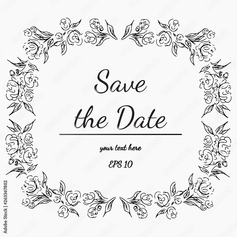 Wreath of Flowers on Gray Background. Floral Frame Design Elements For Invitations, Greeting Cards, Posters, Blogs. Hand drawn vector illustration. Save the date.