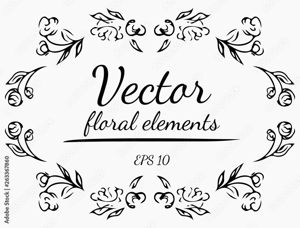 Wreath of roses flowers branch on a gray background. Hand drawn vector illustration. Vector floral elements.