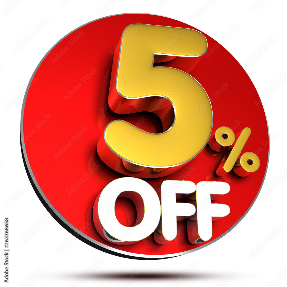 5 Percant off 3D rendering on white background.(with Clipping Path). 5 Percant off 3D rendering on white background.(with Clipping Path).
