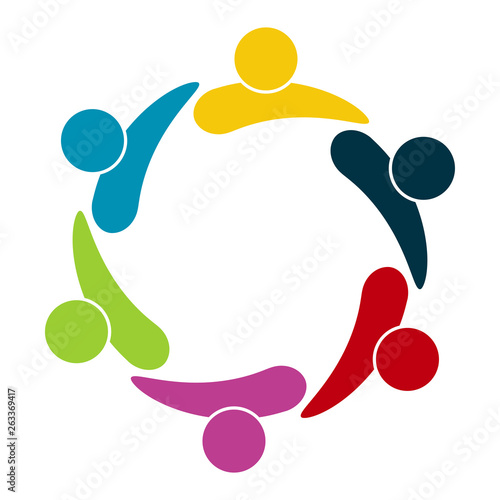 Group of six persons in circle. holding hands.The summit workers are meeting in the same power room