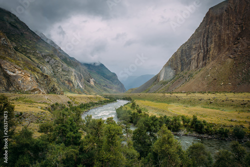 Atmospheric mountain landscape on a cloudy foggy day in the valley of Chulyshman. The river runs in a green valley between the rocks.