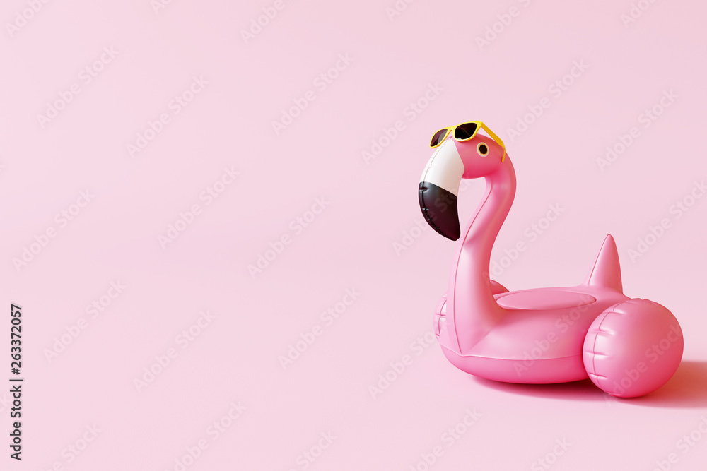 Fototapeta premium Flamingo pływak z okulary na pastelowym różowym tle. Letnia koncepcja minimalna. Renderowania 3d