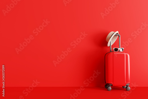 Suitcase with hat and sunglasses on red background. travel concept. minimal style. 3d rendering