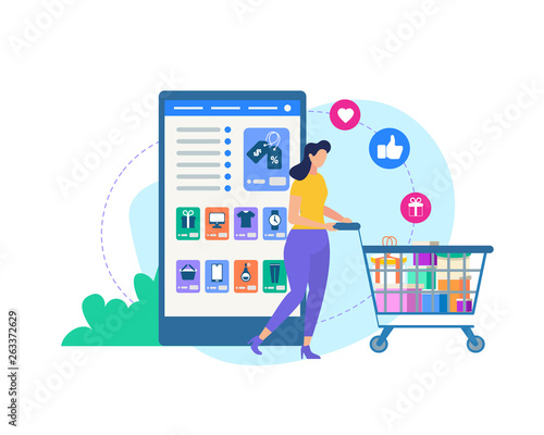 Woman with Trolley and Online Shop Application.