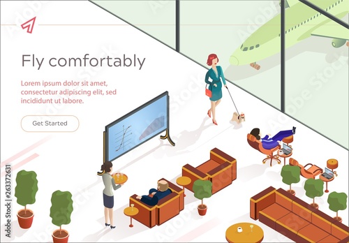 Flat Fly Comfortably First Class Lounge Isometric.