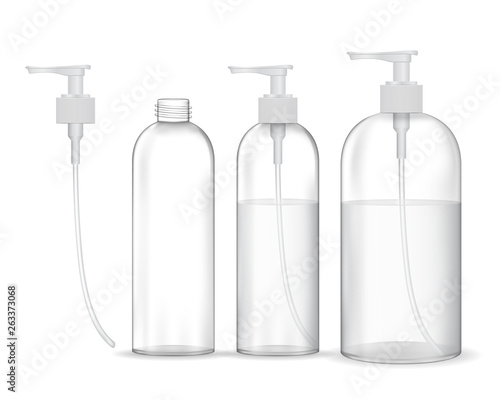 Cosmetic plastic bottle with white dispenser pump (transparent). Liquid container for gel, lotion, cream, shampoo, bath foam. Beauty product package, vector illustration.