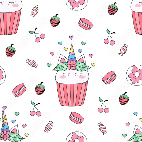 Seamless pattern cute unicorn cartoon hand drawn style.vector and illustration