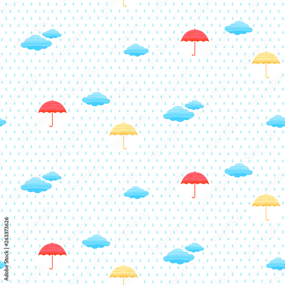 Seamless pattern with clouds, umbrella and rain in the sky. Vector illustration.