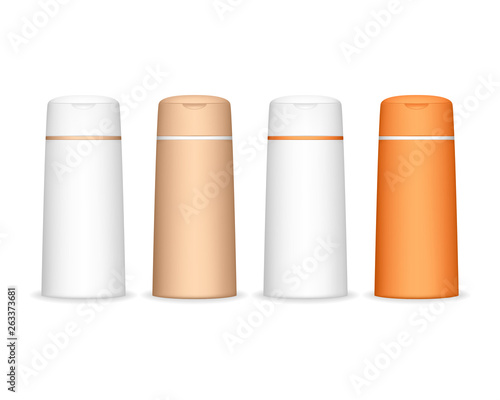 Shampoo bottle isolated on white background. Cosmetic container for liquid, lotion, bath foam. Beauty product package, vector illustration.