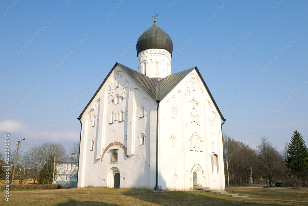 Old Savior Transfiguration Church close-up on a sunny April day. Veliky Novgorod, Russia