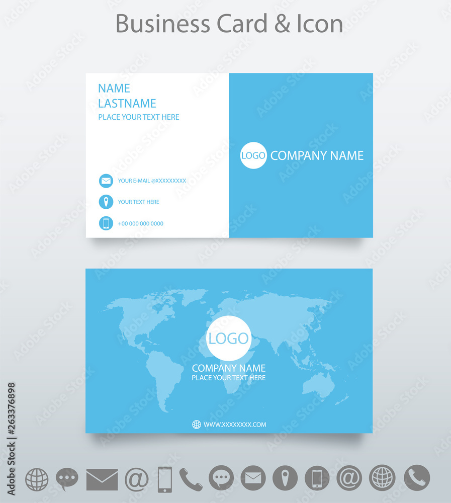 Modern creative business card template and icon. Design with World Map Business. white and blue background. Vector.
