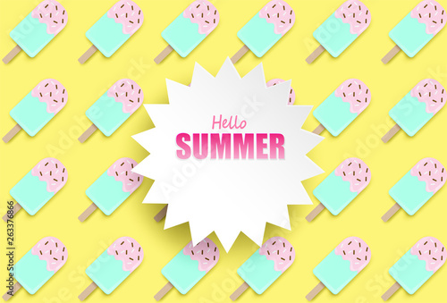Hello Summer background.Top view ice cream on colorful pastel background. Vector. © lim_pix