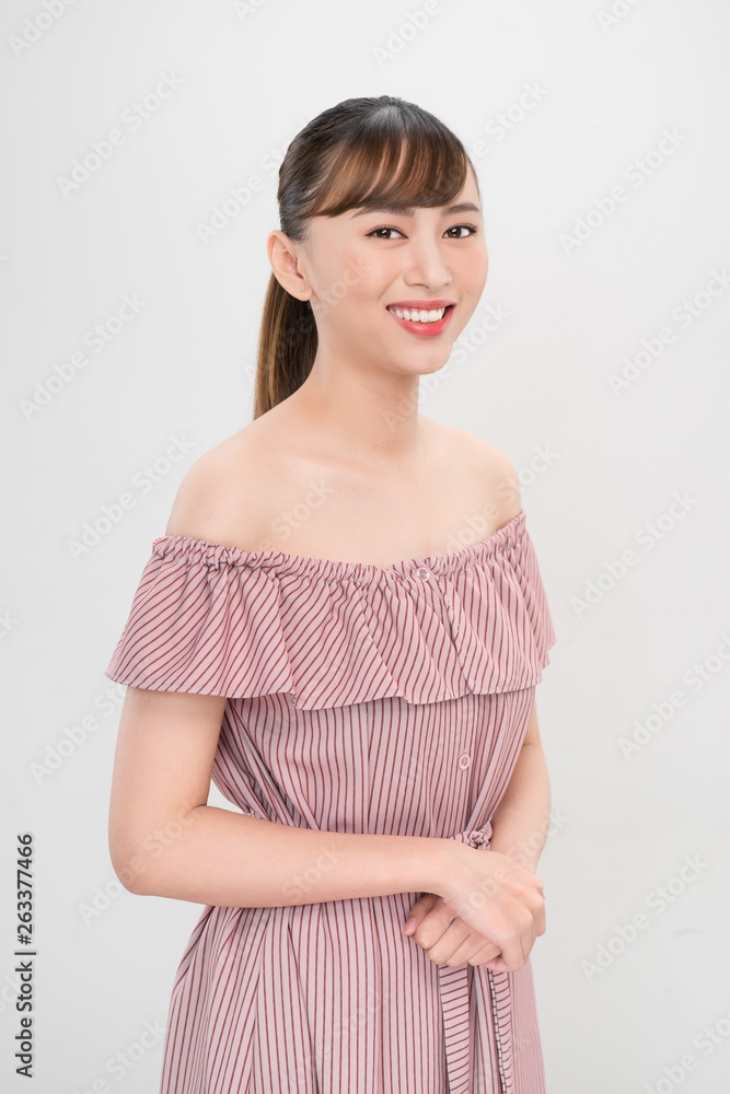 Pretty smiling joyfully asian teenager female dressed casually, looking with satisfaction at camera Pretty smiling joyfully asian teenager female dressed casually, looking with satisfaction at camera