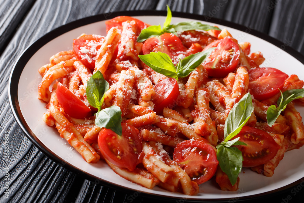 Casarecce pasta with spicy tomato sauce, parmesan and basil with the addition of fresh tomatoes. horizontal Casarecce pasta with spicy tomato sauce, parmesan and basil with the addition of fresh tomatoes. horizontal
