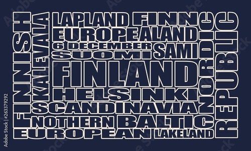 Finland theme relative words cloud. Outline text