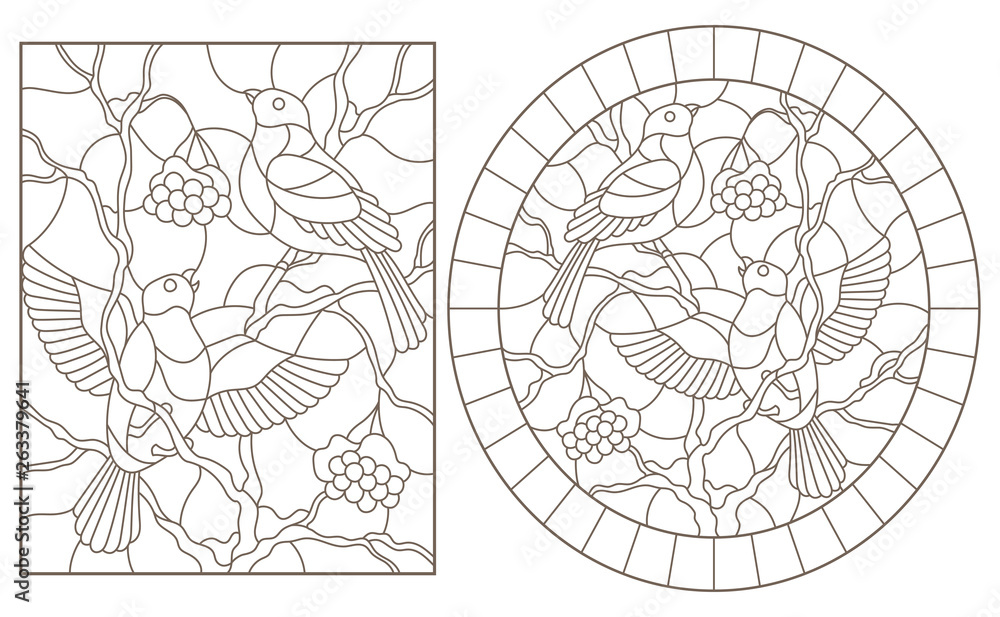 Obraz premium A set of contour illustrations of stained glass Windows with bullfinches sitting on the branches of snow-covered mountain ash, dark contours on a white background
